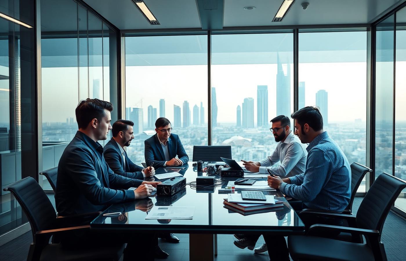 Technical team reviewing engineering documentation in an office