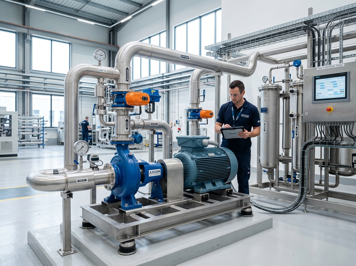 Industrial pump and process equipment in a modern engineering facility