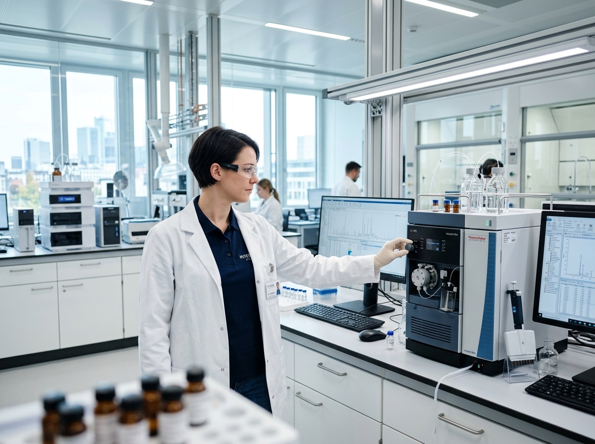Scientist operating analytical equipment in a modern laboratory